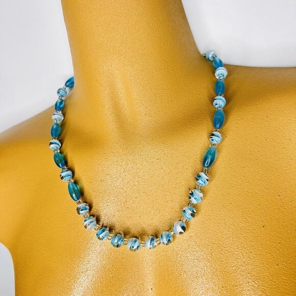 Vintage Art Glass Necklace Crystal White Swirl Aqua Blue AB Sterling Silver 4609 - Picture 3 of 10